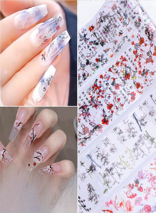 JERCLITY 10 Rolls Chinese Style Nail Foil Transfer Sticker Plum Orchid Bamboo Ink Painting Pattern Nail Art Decals Transfer Stickers Wraps - Image 5